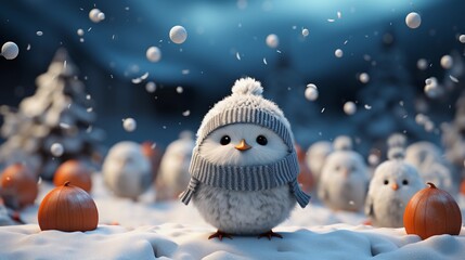 Kleiner niedlicher Vogel mit blauer Pudelmütze im Schnee.
