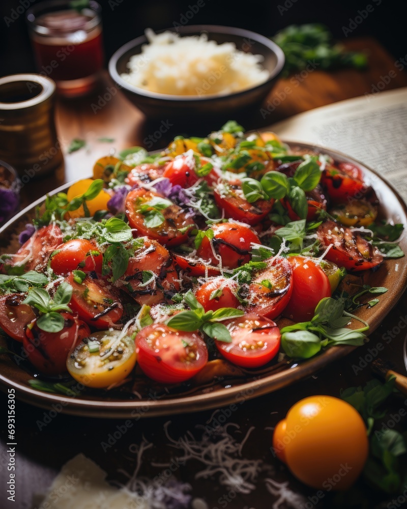 Poster plate filled with fresh tomatoes and various other vegetables arranged neatly on a table.
