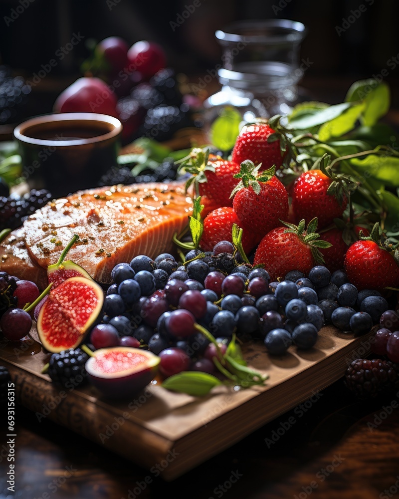 Poster a wooden cutting board displaying a variety of fruit arranged in a plentiful and visually appealing 