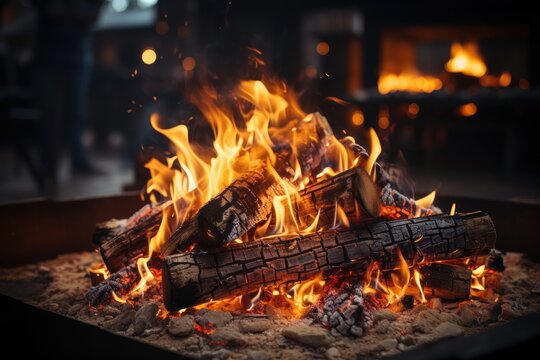 Intense flames engulfing a brick fire pit at dusk