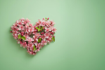 Gift with love for valentine's day heart shaped pink flowers banner postcard with empty space on green background. Generative AI