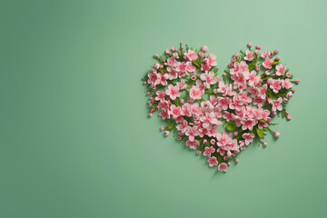 Gift with love for valentine's day heart shaped pink flowers banner postcard with empty space on green background. Generative AI