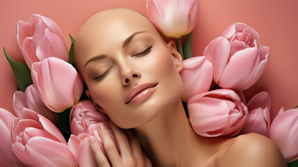 Beautiful young woman with bald head after chemotherapy on isolated pink background with pink spring tulips, World Cancer Day.