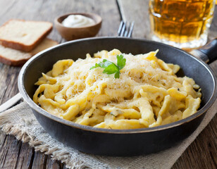 Spätzle in einer Pfanne mit Bier 