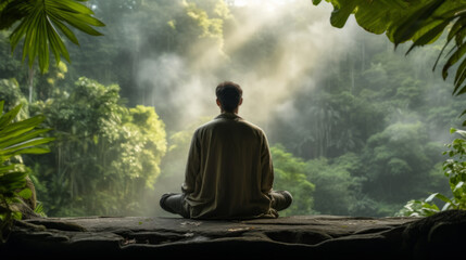 Back view of a sitting man observing waterfall and meditating in the rainforest