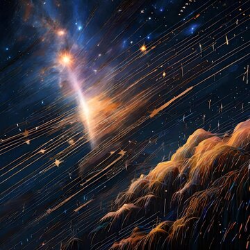 "Dive into the 'Stardust Symphony'—AI art transforms a meteor shower into a celestial symphony, painting the night sky with luminous notes in the cosmic orchestra. Ideal for cosmic enthusiasts and cel