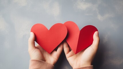 Obraz premium Child's hands holding two hearts. Love concept. Valentine's Day concept.