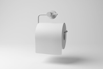 White toilet roll holder floating in mid air on white background in monochrome and minimalism. Illustration of the concept of bathroom accessories