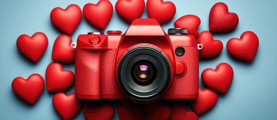 Red photo camera on blue background and red hearts