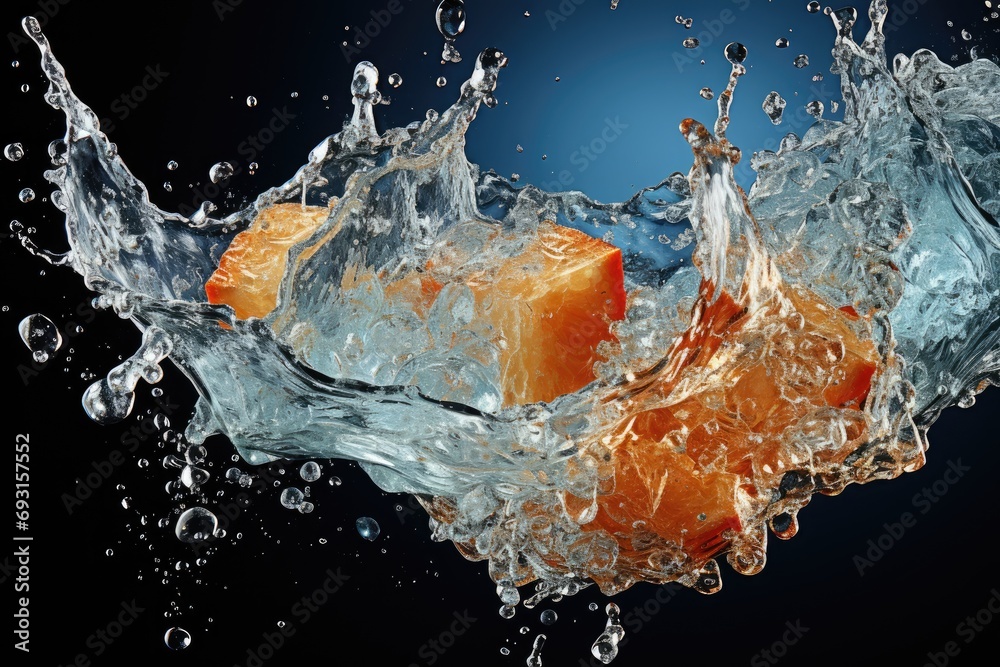 Sticker Several oranges being dropped into a container of water, creating a splash and ripples.