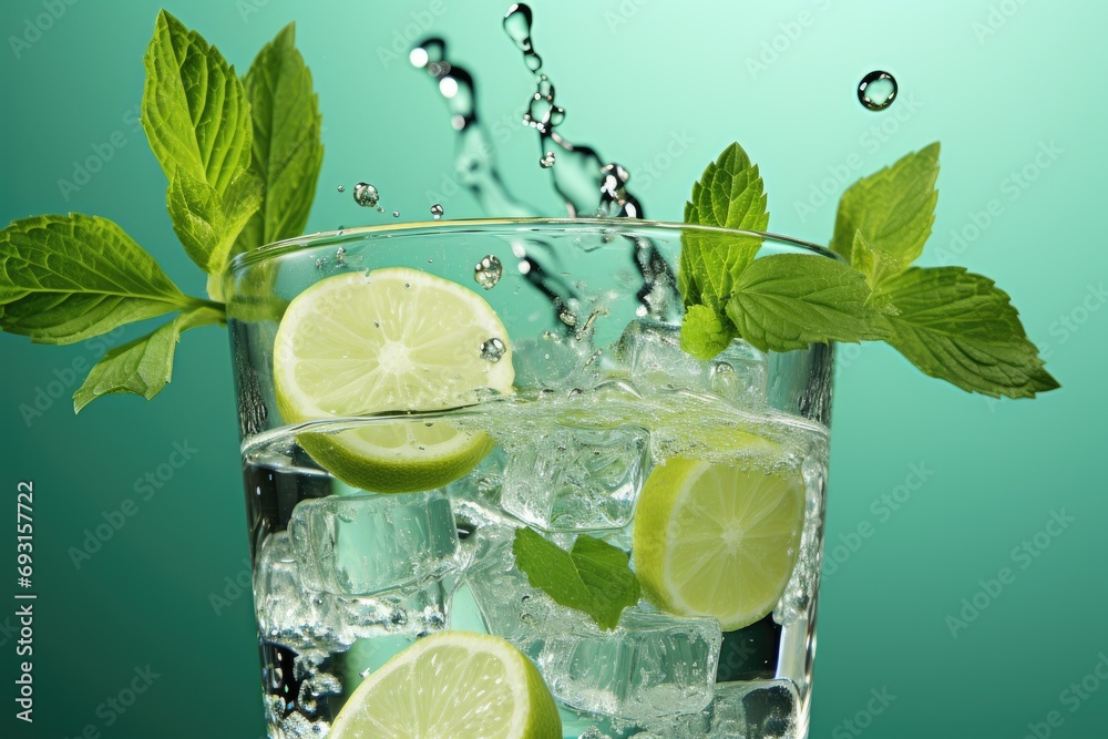 Poster a glass filled with ice and slices of lime, providing a refreshing and tangy twist to your beverage.