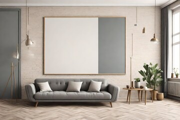 Mockup poster in the living room, the yellow sofa in bohemian style,