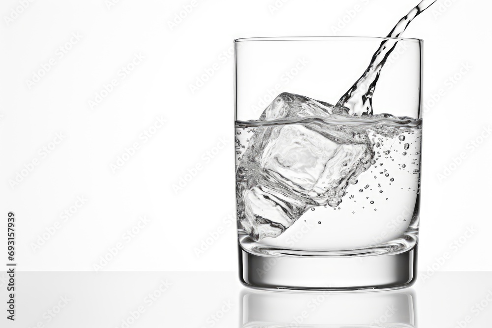 Poster a glass containing cold water filled with ice cubes, creating a refreshing beverage.