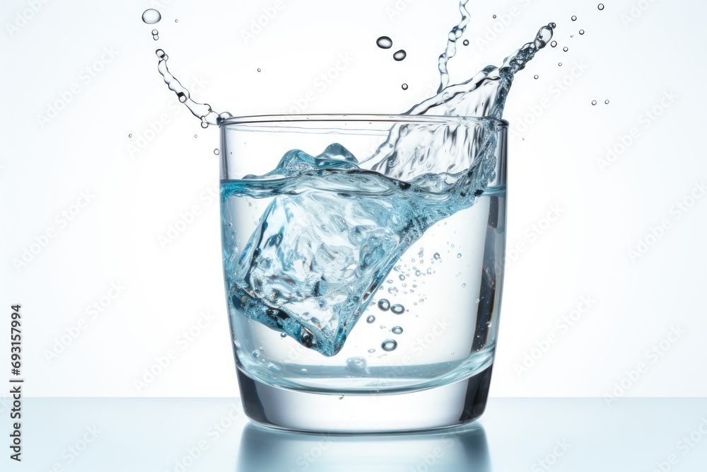 Poster a clear glass filled with cold water and several ice cubes floating inside.