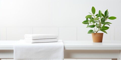 White table with houseplant and clean bath towel, space for copying.