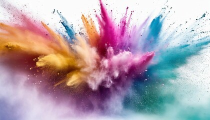 colorful powder explosion on white background pastel color dust particle splashing