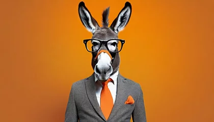 Zelfklevend Fotobehang stylish portrait of dressed up imposing anthropomorphic donkey wearing glasses and suit on vibrant orange background with copy space funny pop art illustration © Wayne