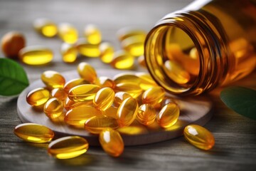Omega-3 fish oil capsules on wooden table. - obrazy, fototapety, plakaty