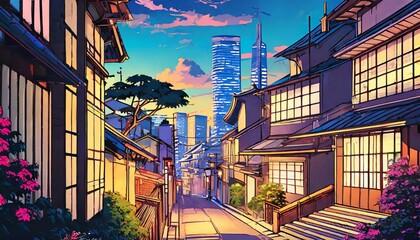 a beautiful japanese tokyo city town in the evening houses at the street anime comics artstyle cozy...