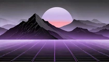 Fotobehang 80s style sci fi purple background with sunset behind black and gray mountains futuristic illustration or poster template synthwave banner © Wayne