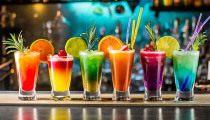 assortment fresh rainbow cocktails on the bar counter