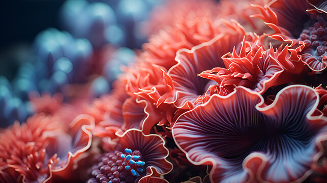Macro shot on coral and anemones, Intricate Patterns On A Piece, Generative AI, Macro shot on coral and anemones, Extreme closeup of pink soft corals showing texture. Abstract background of sea lif


