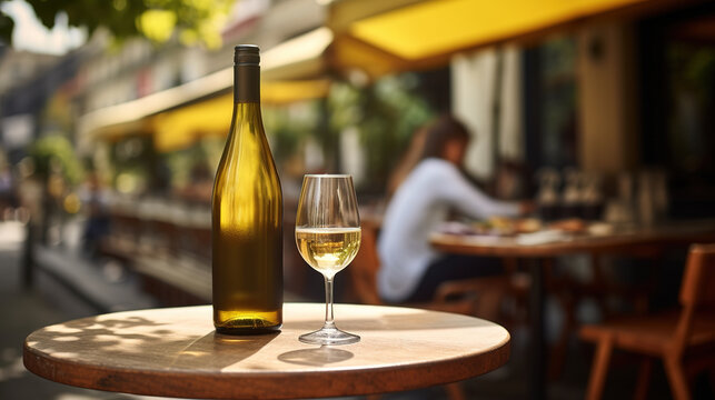 Generative AI, glass of white wine and bottle on wooden table with blur background with lights of street bar, cafe, coffee shop or restaurant, wine mock up	
