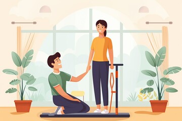 Physiotherapy session with a therapist and patient in a sunny rehabilitation room