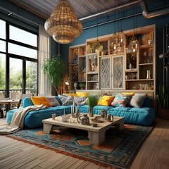 colorful boho style livingroom interior design