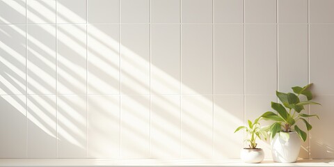 Sunlight illuminates white wall tiles through a window.