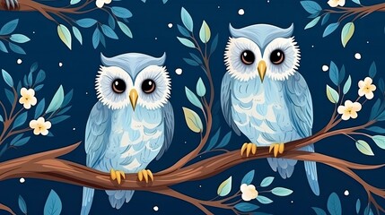 Cute owl on branch seamless pattern can use for fabric textile or for printing - obrazy, fototapety, plakaty