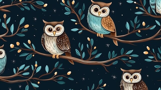 Cute owl on branch seamless pattern can use for fabric textile or for printing