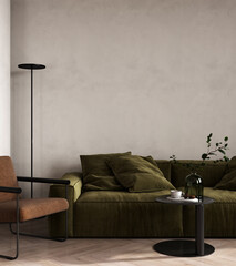 Living room interior in loft, industrial style, 3d rendering © Liliia
