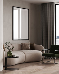 Poster frame mock-up in home interior background with modern sofa, table and decor in living room, 3d render