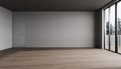 Empty room for mockup. Empty room with light gray wall and wooden floor. Loft. 3d rendering