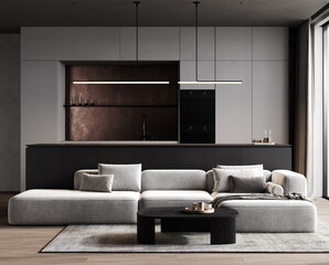 3d render of a modern contemporary minimalist kitchen with black and white cabinets, copper backsplash and light gray sofa.