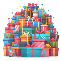 A large pile of colorful gift boxes