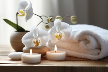 Towels and Candles on a Table With Flowers
