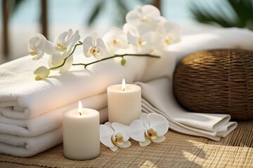 A Serene Table Setting with White Towels and Candles