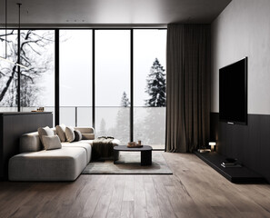 Living room interior with TV console, sofa and decoration, gray concrete wall and panoramic window, 3d rendering
