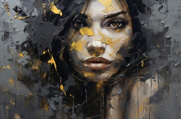 Beautiful Woman adorned with Splatters, Executed in Dark Gray and Dark Gold.