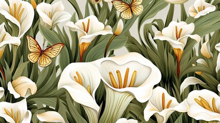 Vintage Pattern Wallpaper Featuring Calla Lily Flowers and Butterflies in a Landscape, Drawn with a Nostalgic Touch, Against a Clean White Background.
