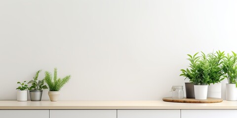 Front view of a white kitchen with utensils, a green plant, and space for text. - obrazy, fototapety, plakaty