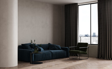 Stylish interior of bright living room with blue sofa and armchair, living room interior mockup. Modern design room with bright daylight. 3d render