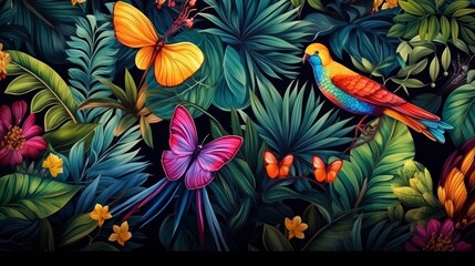 Vibrant Tropics Colorful Wallpaper Pattern Showcasing Tropical Leaves, Butterflies, and Birds Against an Aged Texture Background.