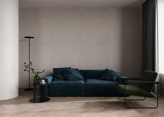 Fotobehang Minimalist living room interior with modern blue sofa, green armchair and beige plasters walls. Interior mockup, 3d render © Liliia