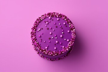 Cake with violet whipped cream, confectionery sprinkles. Top view.