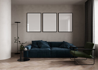 Three poster frames mock up in modern home living room interior with blue sofa and coffee table with decor, 3d render