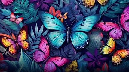 Tropical Colorful Wallpaper Pattern with Vibrant Tropical Leaves, Butterflies, and Birds on an Aged Texture Background. - obrazy, fototapety, plakaty