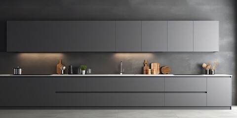 Modern minimalistic kitchen interior in trendy grey.